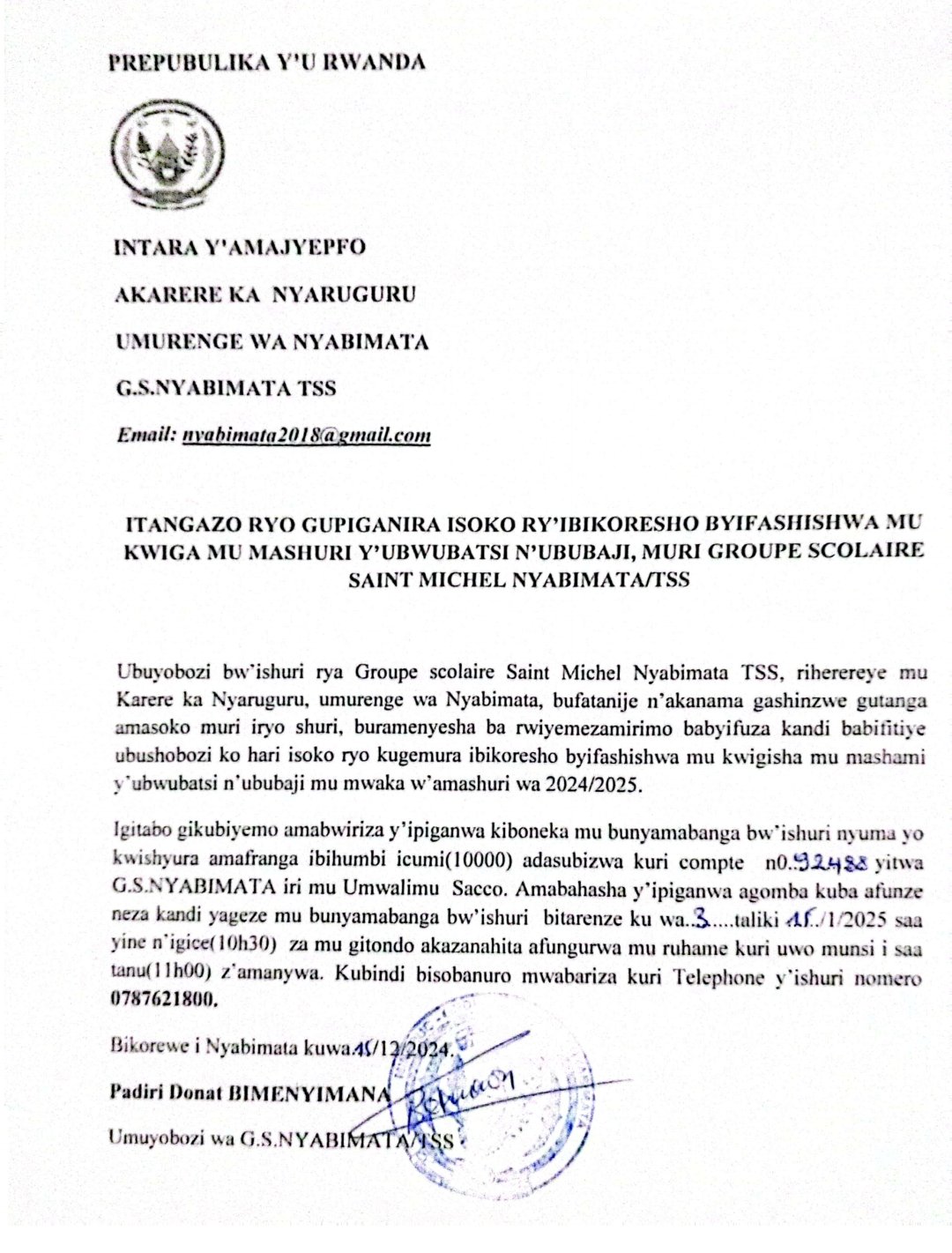 Itangazo ryo gupiganirwa Isoko ry'Ibikoresho byifashishwa mu kwiga mu mashuri y'Ubwubatsi n'Ububaji muri Groupe Scolaire Saint Michel NYABIMATA/TSS. ⬇️