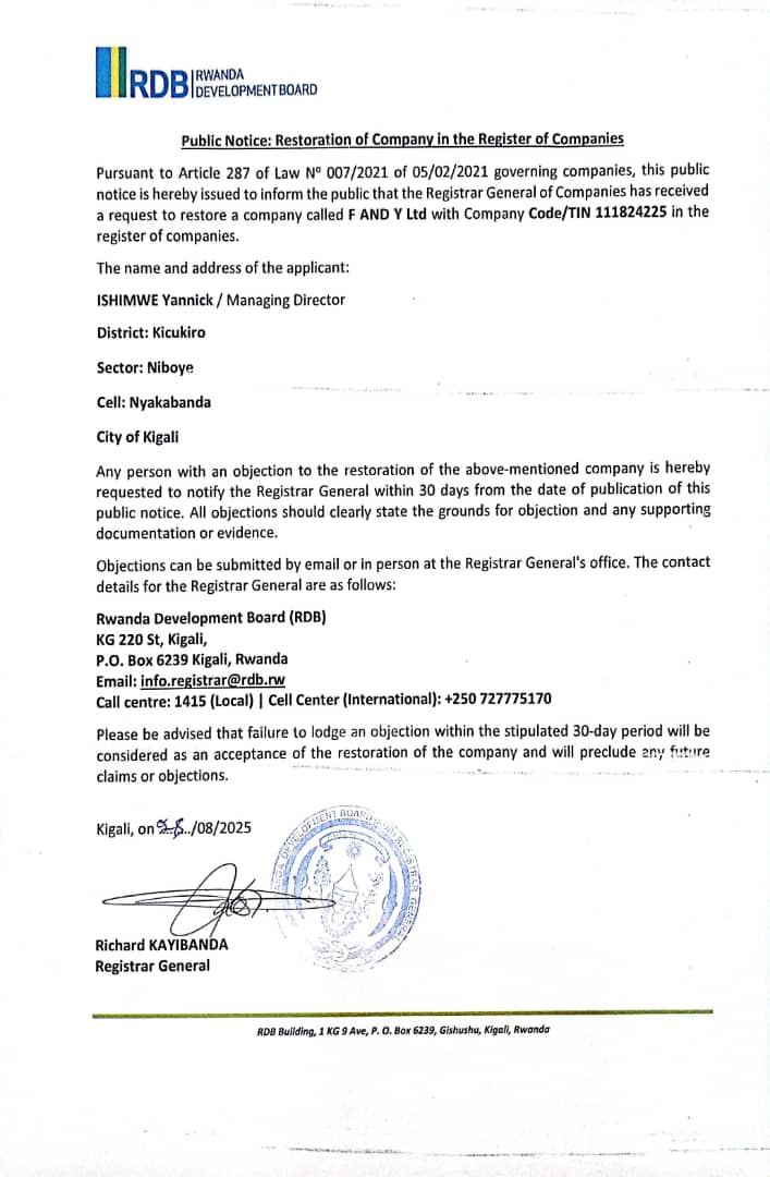 Public Notice: Restoration of F AND Y Ltd Company in the Register of Companies
