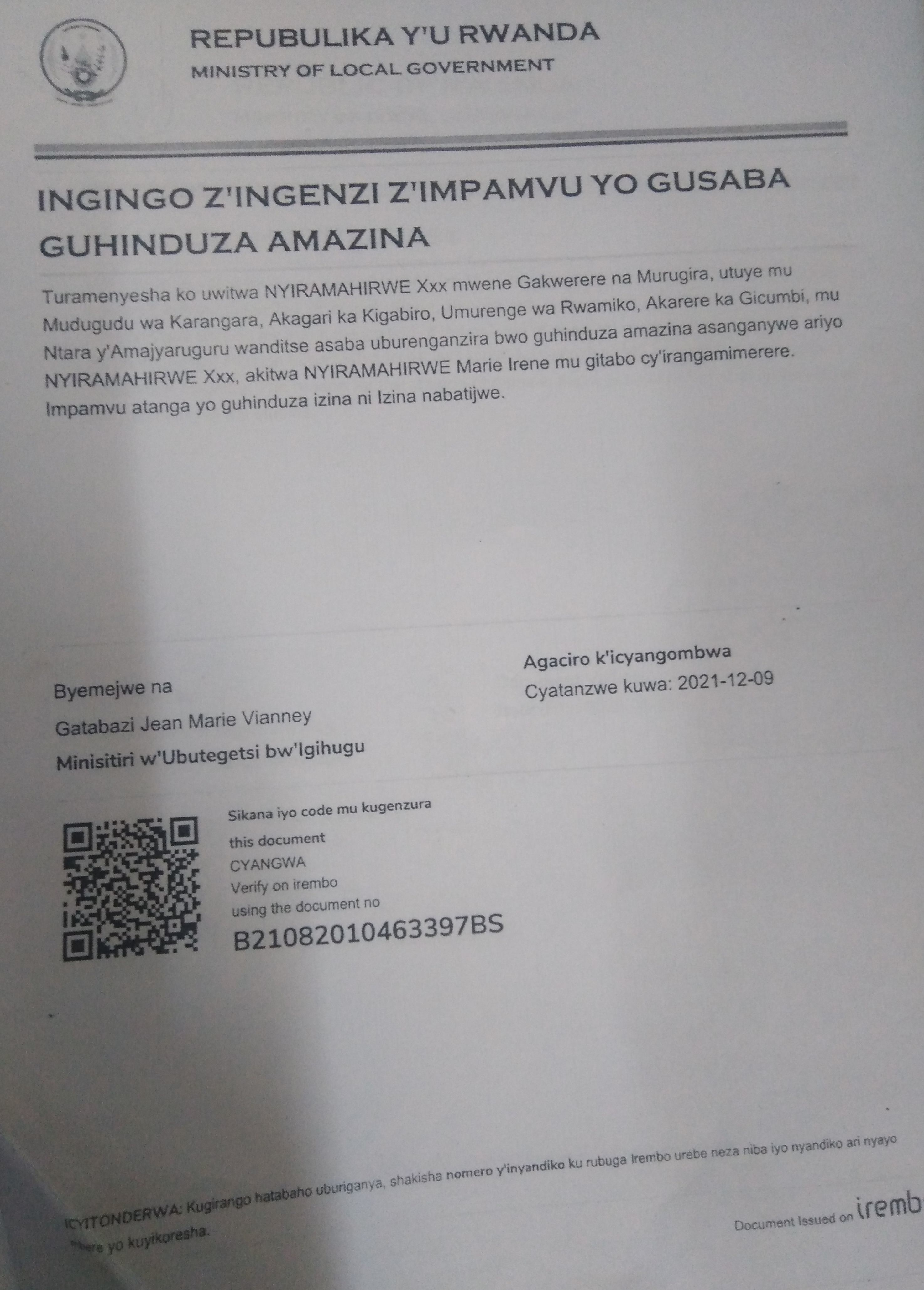 ITANGAZO ryo guhinduza Izina rya Nyiramahirwe Marie Irene
