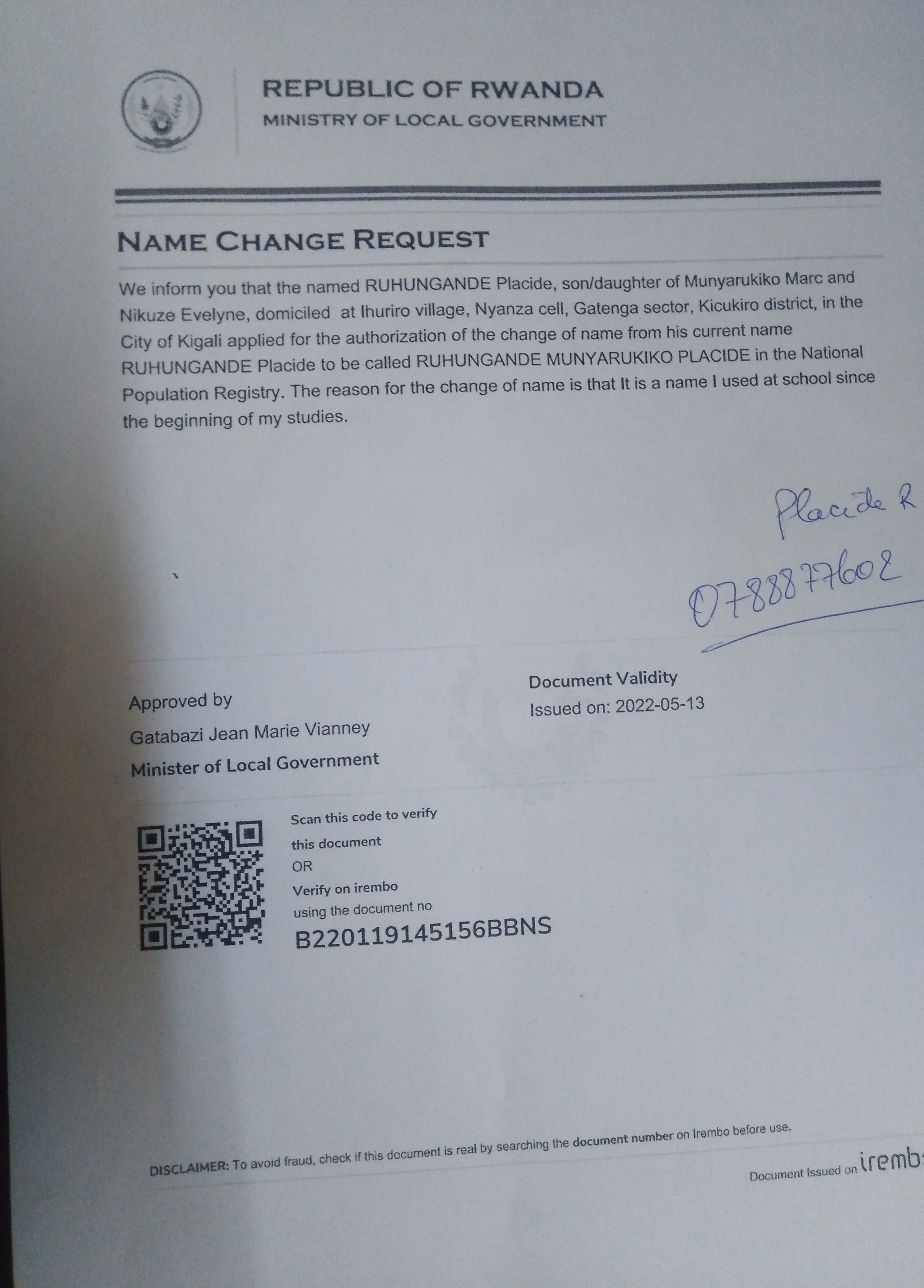 ITANGAZO ryo guhinduza Izina rya Ruhundage Placide