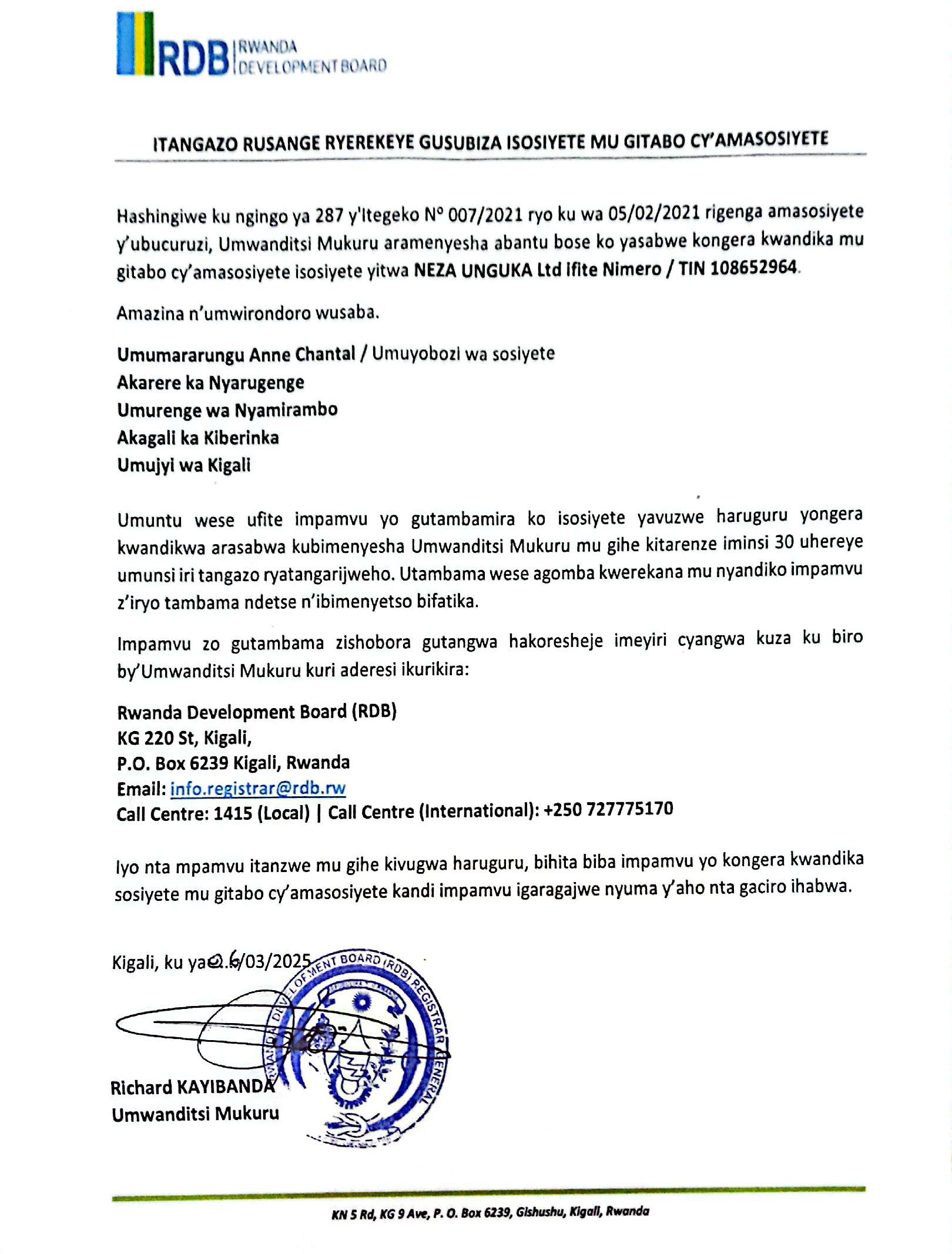 ITANGAZO RUSANGE RYEREKEYE GUSUBIZA MU GITABO CY'AMASOSIYETE ISOSIYETE YITWA NEZA UNGUKA Ltd Ifite Numero/TIN 108652964