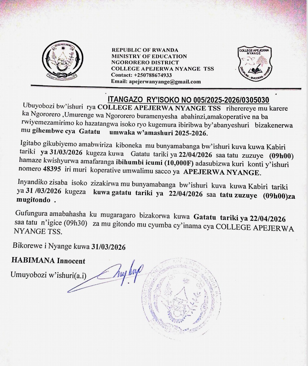 ITANGAZO RY'ISOKO RY'IBIRIBWA MURI COLLEGE APEJERWA NYANGE TSS