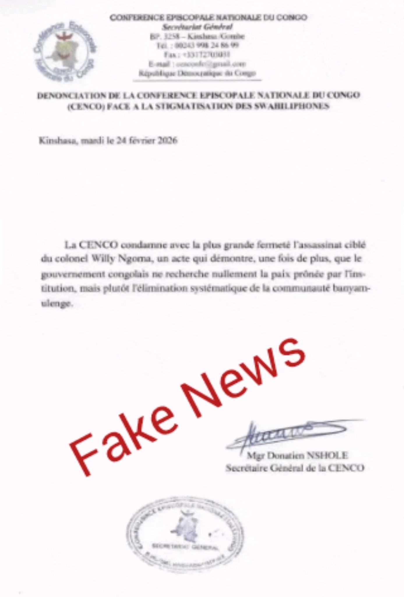 Kinshasa: Inama y’Abepiskopi Gatolika yamaganye inyandiko mpimbano iyitirirwa ku rupfu rwa Lt Col Willy Ngoma