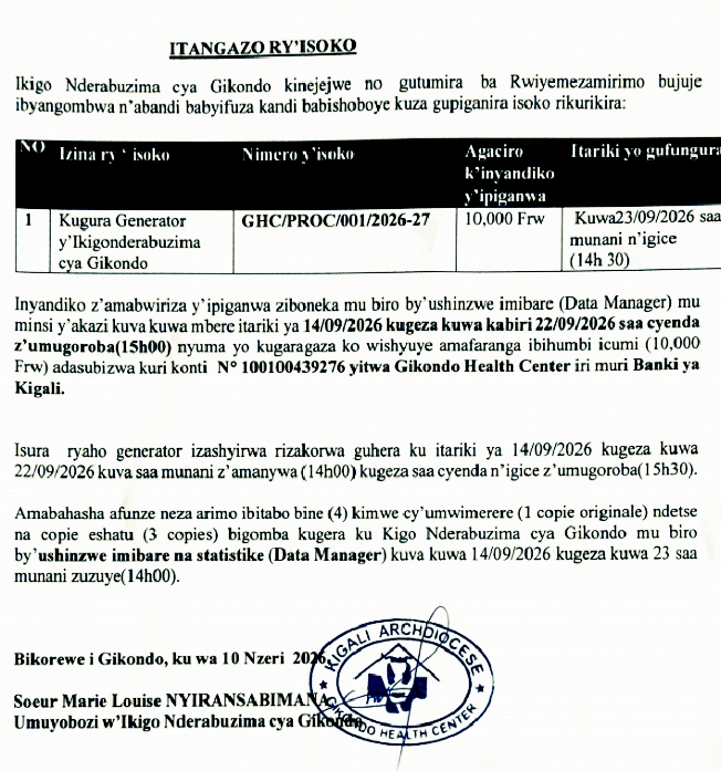 Itangazo ryo gupiganira isoko ryo kugura Generator y'Ikigonderabuzima cya Gikondo