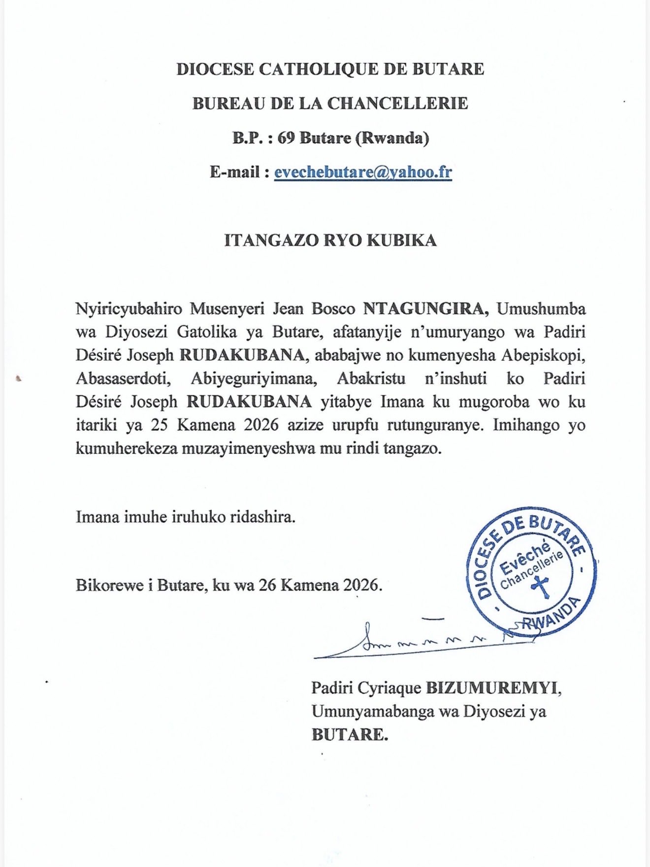 Padiri Désiré Joseph Rudakubana wa Diyosezi ya Butare yitabye Imana azize urupfu rutunguranye