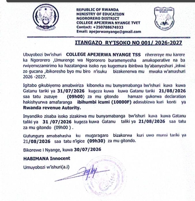 College APEJERWA Nyange TSS yatangaje ipiganwa ry'isoko ryo kugemura ibiribwa n'ibikoresho by'ishuri