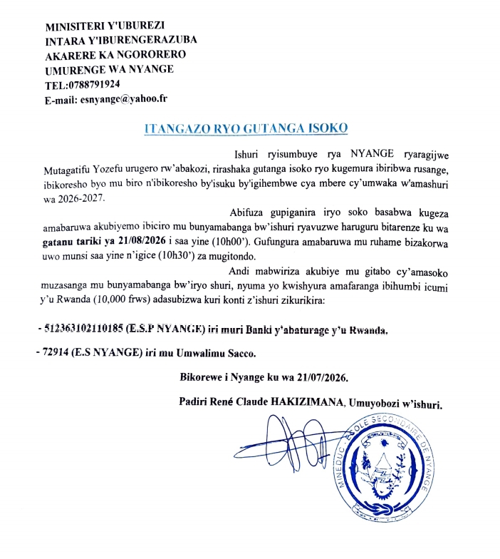 Ishuri Ryisumbuye rya Nyange ryatangaje isoko ryo kugemura ibiribwa n'ibikoresho mu mwaka w'amashuri wa 2026–2027.