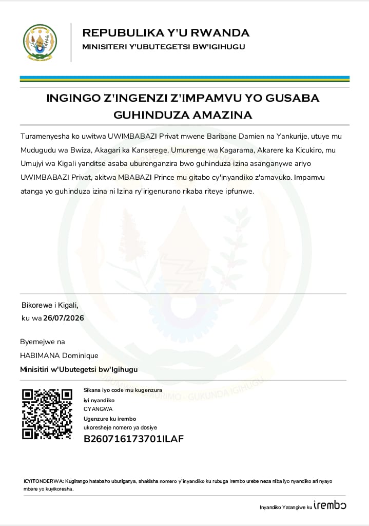 Itangazo ryo guhindura izina rya Uwimbabazi Privat usaba kwitwa MBABAZI Prince mu gitabo cy'Irangamimerere