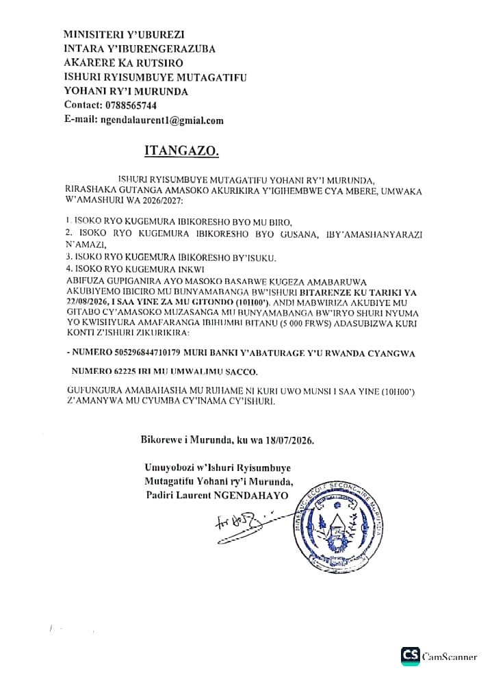 Itangazo ryo gupiganirwa amasoko y'ibikoresho bitandukanye mu Ishuri Ryisumbuye Mutagatifu Yohani ry'i Murunda mu gihembwe cya mbere cya 2026-2027